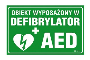 Znak obiekt wyposażony w defibrylator AED